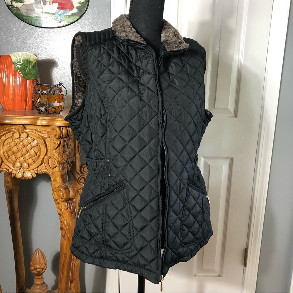 WEATHERPROOF Women Vest Large Pine Quilted Faux Fur Suede Security Pockets